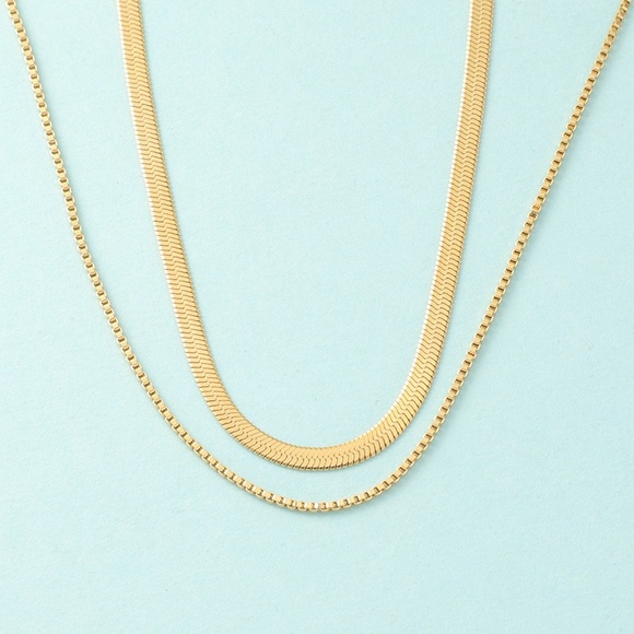 18K Gold Plated Double Layered Necklace*Snake Chain Herringbone Minimalist *LW - Picture 2 of 4